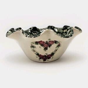 Vtg East Texas Pottery Heart Floral Green Sponge Stoneware Cottage Serving Bowl